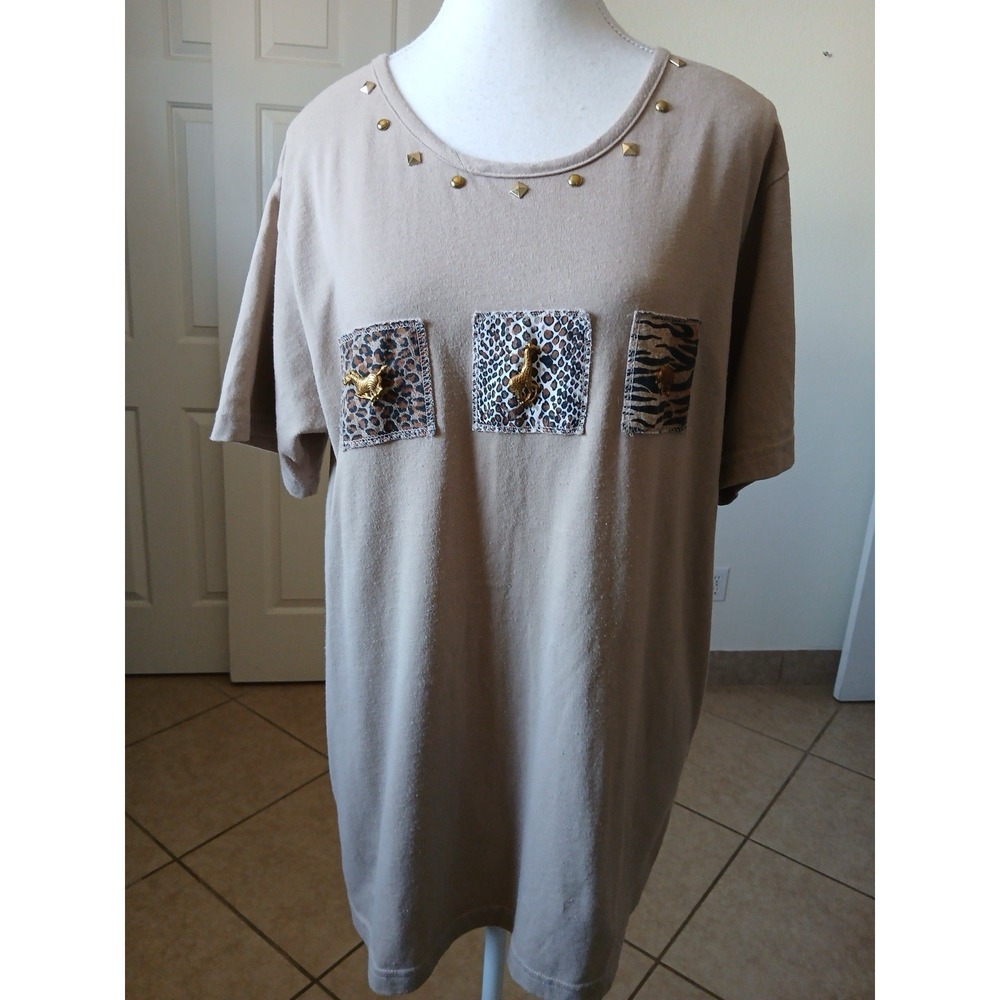 Vintage EZL Womens Brown Animalsβ Metalic Studs Size Large Casual Safari